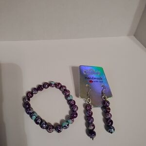 Handmade cute pretty colorful natural stone beaded bracelet and earring set